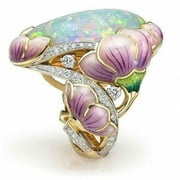 Clearance Deals Rings for Women Solid Gold Floral Lavender Fuchsia Lotus Enamel Oval Cut Fire Opal Band Rings